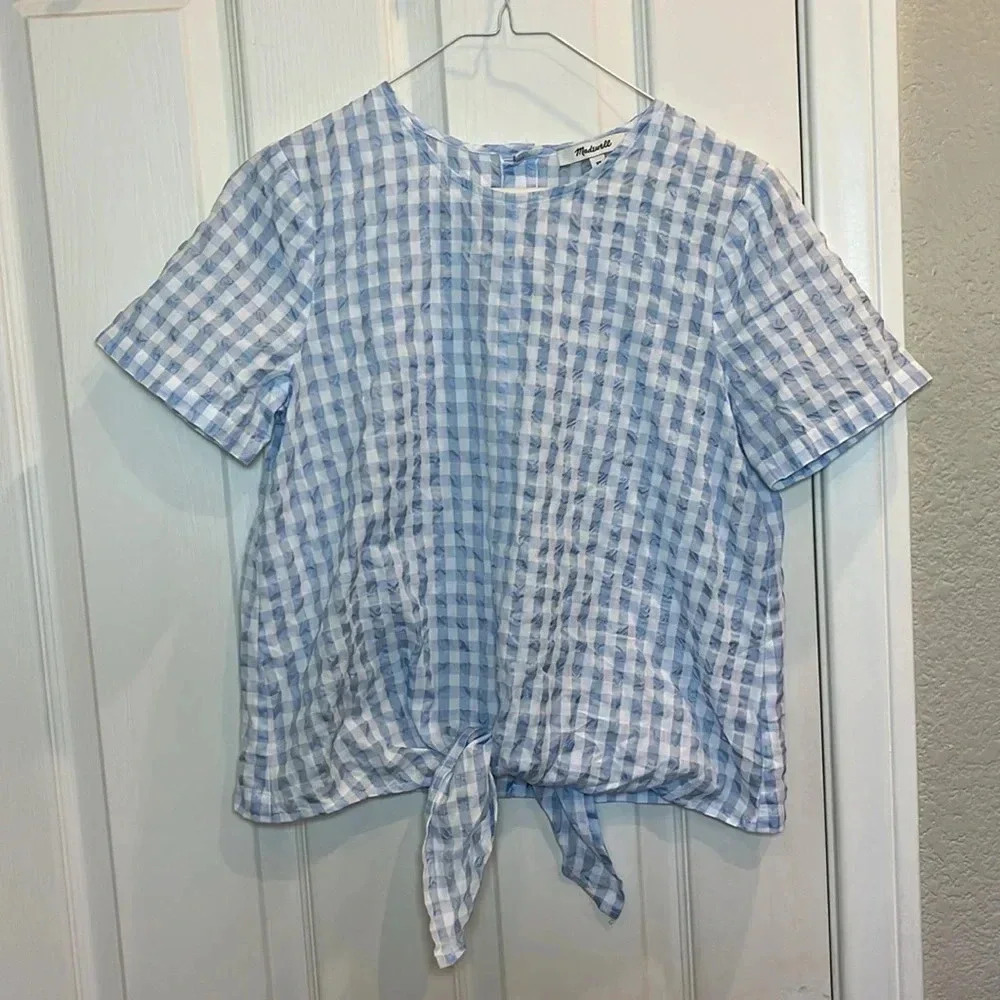 EUC Madewell Gingham Cottage Prairie Coastal Modest Top Check Blue White Size XS